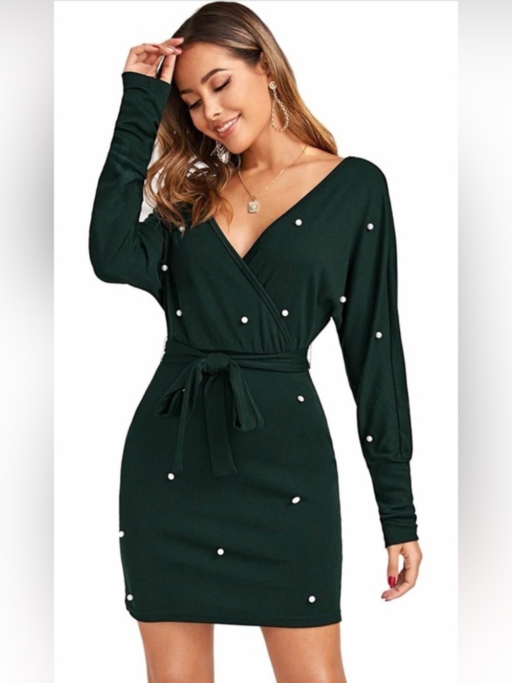 Green Pearl Beaded Surplice Wrap Mini Dress Long Sleeve Tie Waist Small